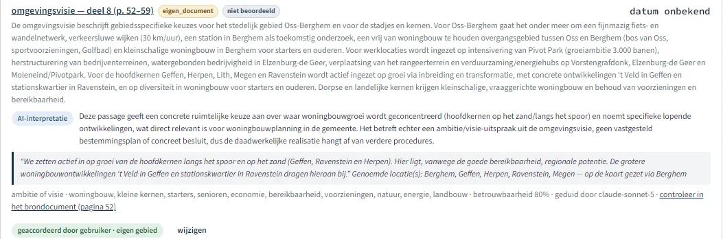 Een beleidsstelling uit een omgevingsvisie: samenvatting, AI-interpretatie, de letterlijke bronpassage en de status geaccordeerd door gebruiker.