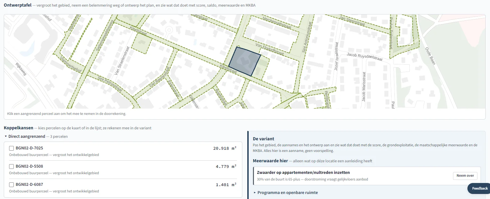 De ontwerptafel in GEOSHARQ: kaart met het perceel en aangrenzende percelen, een lijst koppelkansen met oppervlaktes en een paneel om een variant door te rekenen.